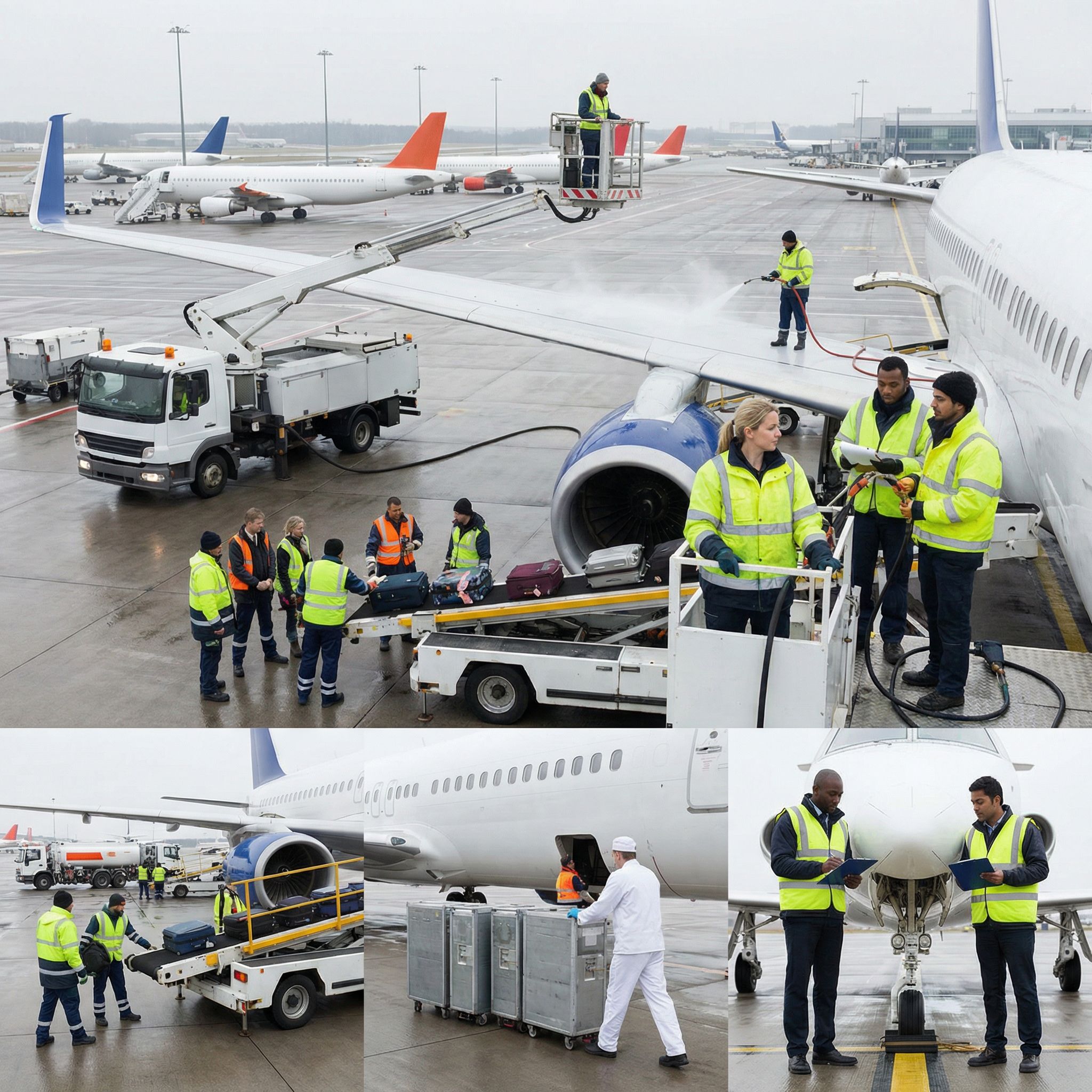 Lavage extérieur d'un avion sur le tarmac avec nacelle élévatrice